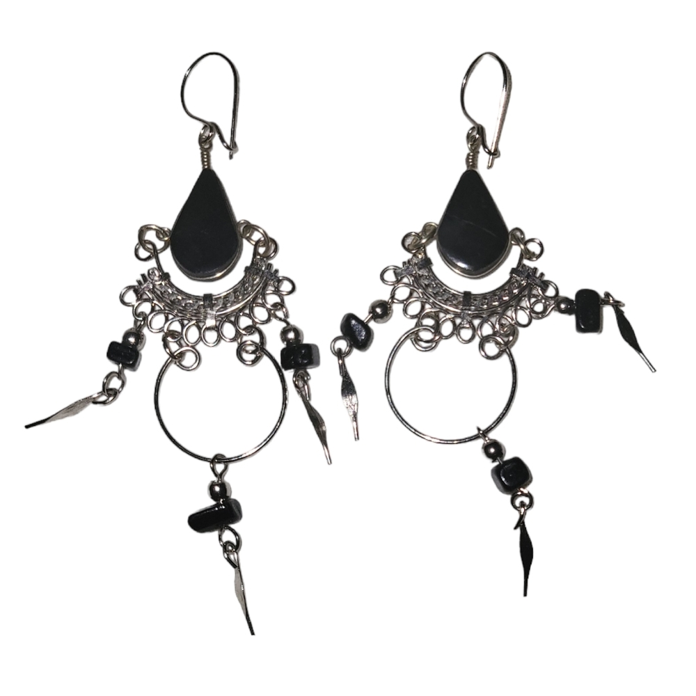 Peruvian Alpaca silver and black onyx Chandelier dangle earrings